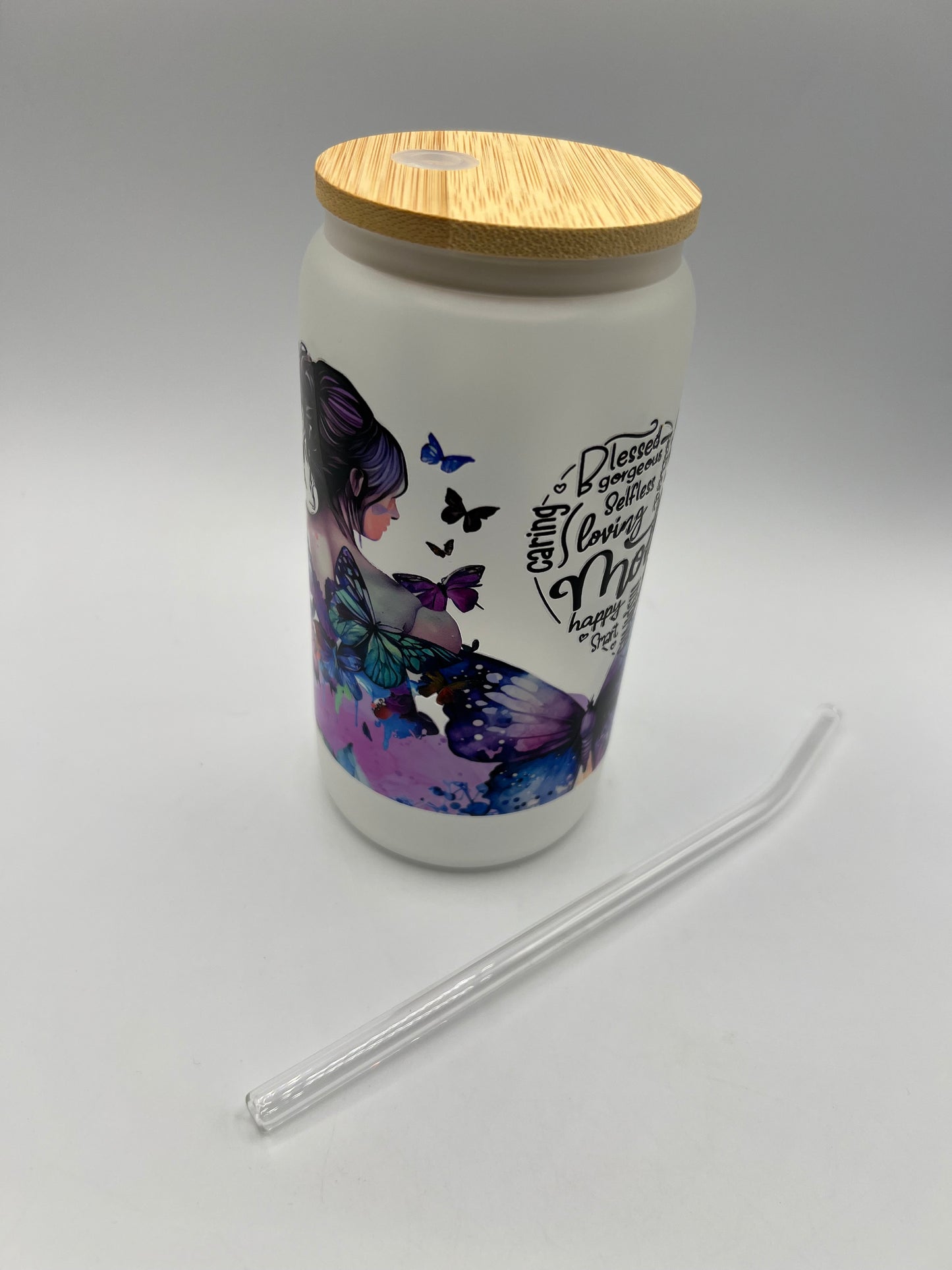 16 oz Frosted Glass Can with Bamboo Lid