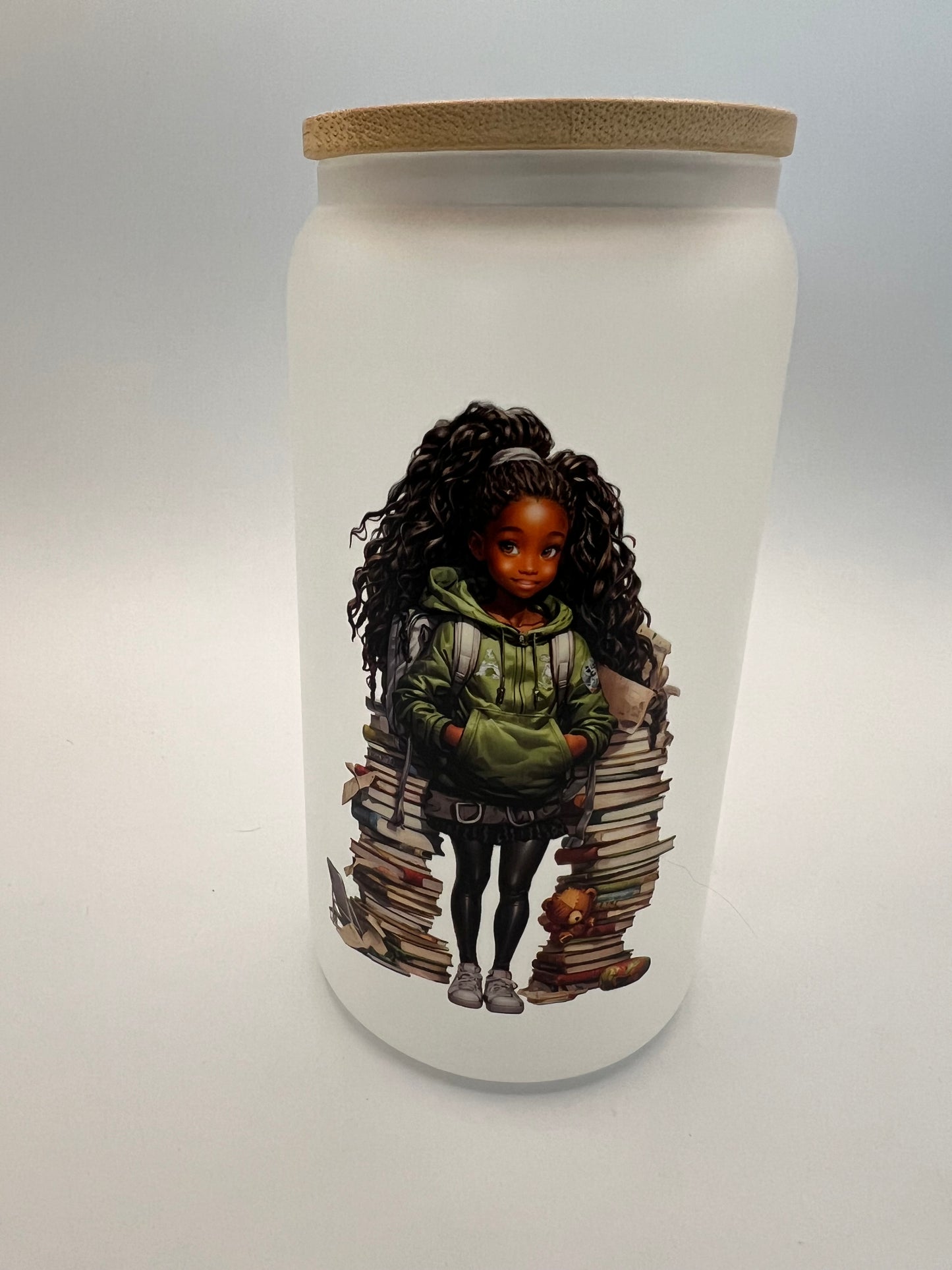 16 oz Frosted Glass Can with Bamboo Lid