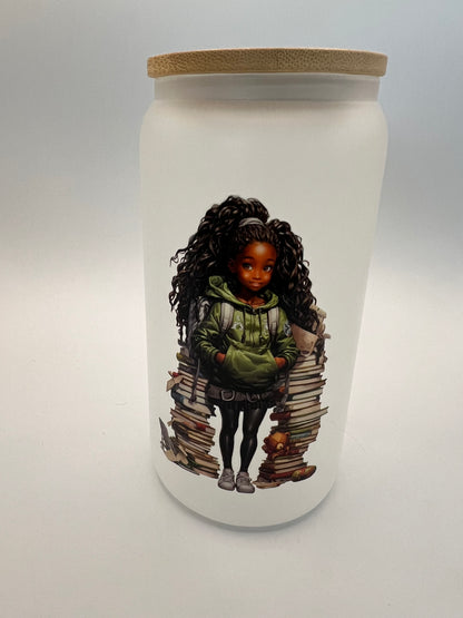 16 oz Frosted Glass Can with Bamboo Lid