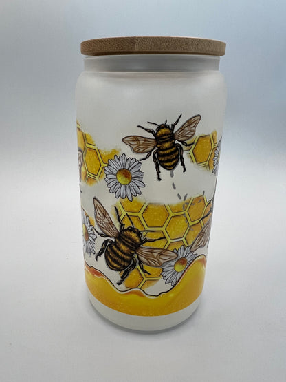 16 oz Frosted Glass Can with Bamboo Lid