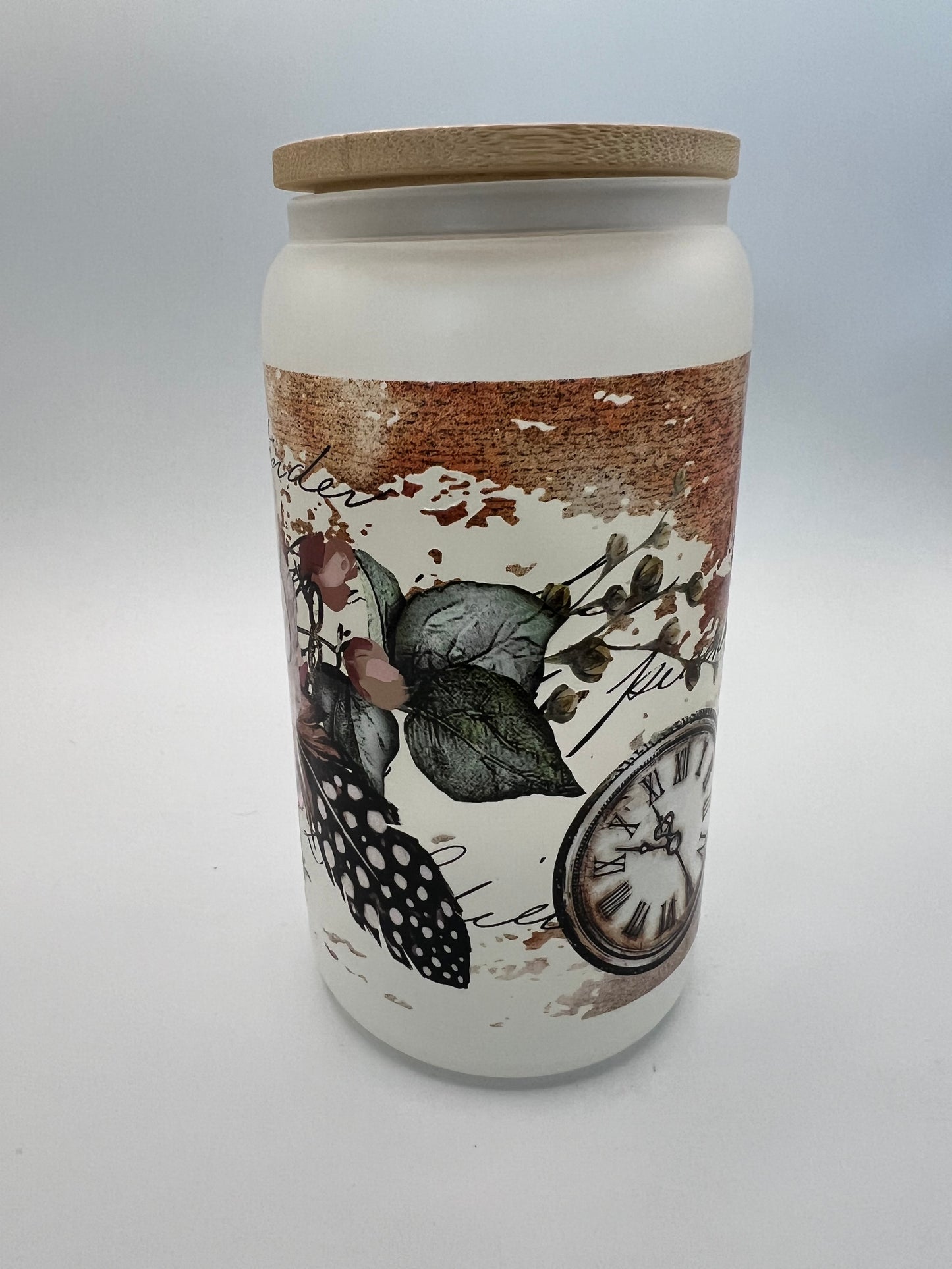 16 oz Frosted Glass Can with Bamboo Lid